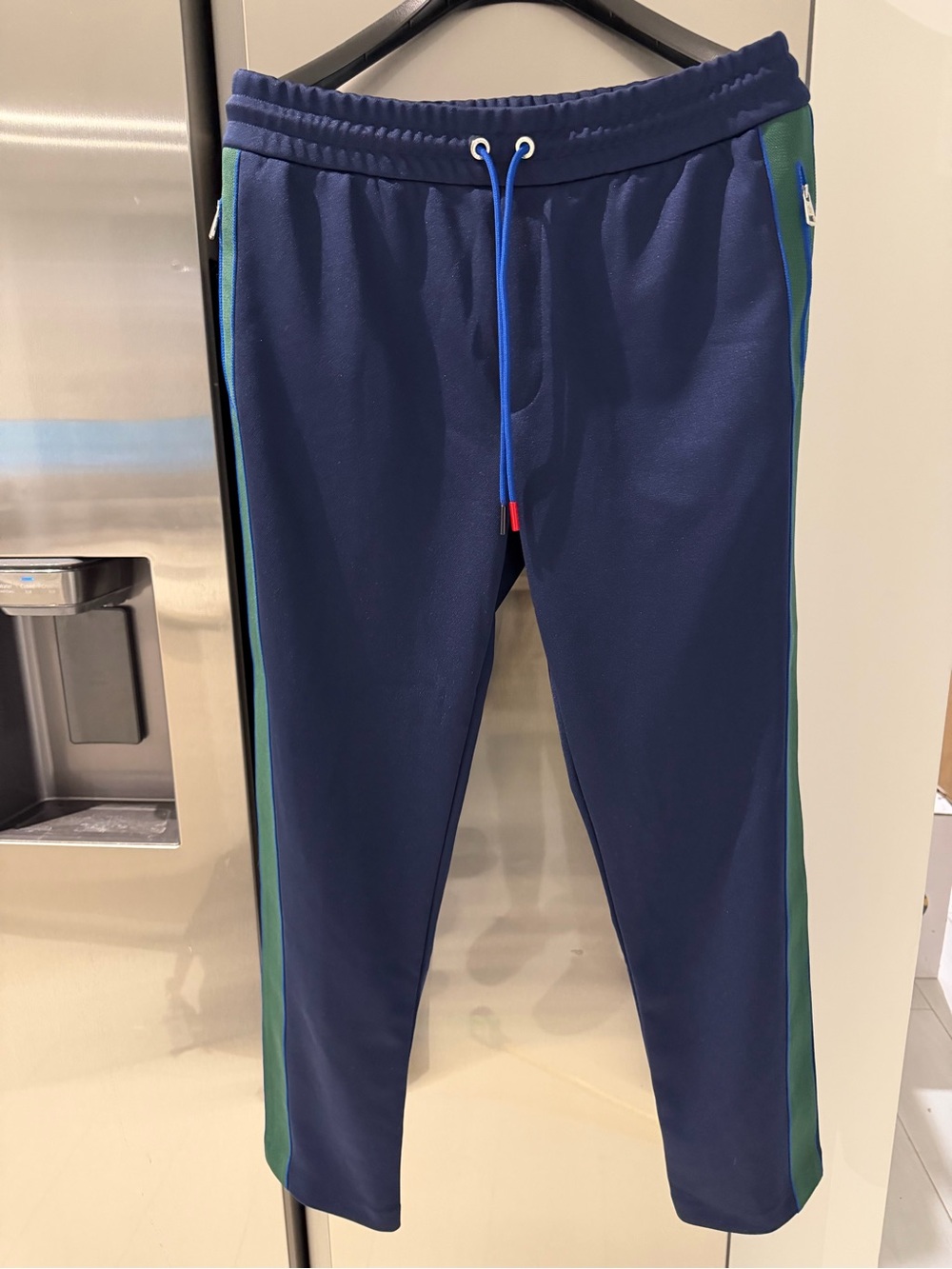 Moncler Colorblock Track Pants In Navy And Green, Size XL